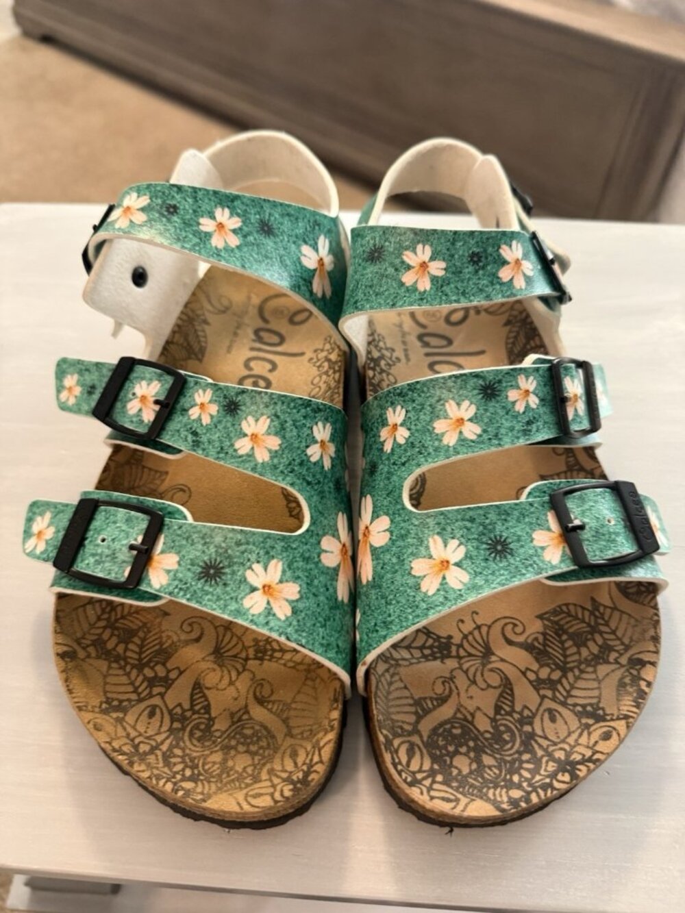 Calceo Daisy Print Cork Sandals Women EU 39 US 8 Green Floral Buckle